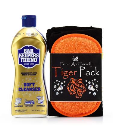 Bar Keepers Friend Soft Cleanser, 13oz Bleach-Free Cookware Cleaner, For Cleaning Pots and Pans, With Fox Trot Tiger Pack Black Pro-Grade Microfiber Towel & Dual-Sided Sponge Soft Cleanser Bundle