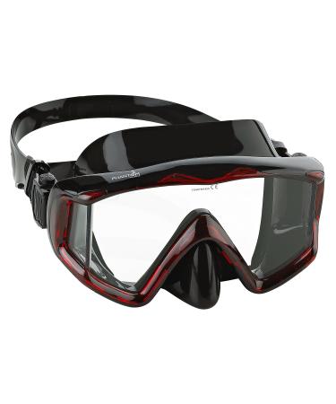 Phantom Aquatics Rapido Boutique Collection Clareza Panoramic Three Window Tempered Glass Lens Scuba Snorkeling Dive Mask Black/Red