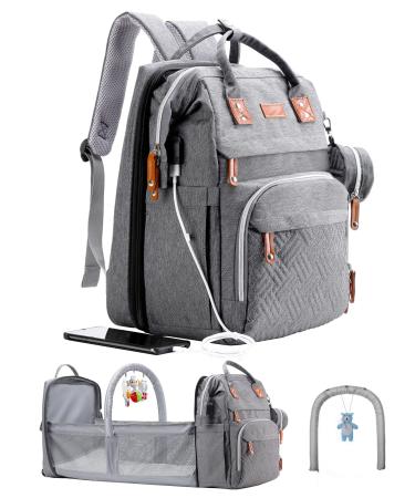 Diaper Bag Backpack with Changing Station, ISMGN Large Diaper Bag Multifunctional Diaper Bag Diaper Bags for Boys, Waterproof Changing Pad,USB Charging Port,Pacifier Case,Toy Bar Light Grey Upgrade Light Gray