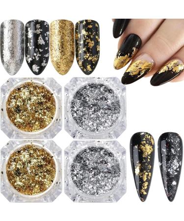 Holographic Nail Art Sequins Glitter Kits  4 Boxes/Set Aluminum Foil Sequins for Nails Gold Silver Irregular Glitter Flakes Mirror Chrome Powder Manicure for Nail Decorations(4 Box Silver/Gold)