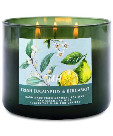 Eucalyptus Bergamot Candle - Aromatherapy Stress Relief Candles - Large 3 Wick Candle - Refreshing Scented Candles for Home Relaxation 15.8 oz - Decorative Soy Candles Long Lasting