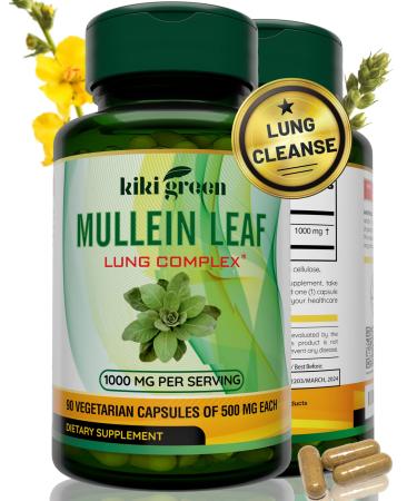 KIKI Green Mullein Leaf Herb Capsules -1000 mg Herbal Lung Cleanse, Respiratory and Lung Health, Lung Detox for Smokers, Mullein Tea Bags for Lungs | 90 Vegan Pills