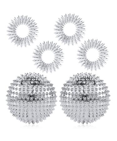 Fuyihgl 2 pieces magnetic massage ball hedgehog ball and 4 pieces massage rings magnetic acupressure balls acupuncture massage balls yoga ball for stress relief massage (silver)