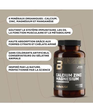 BioTechUSA Calcium Zinc Magnesium from Organic Sources | 4 types de min raux organiques | Formule synergique pour les os les muscles le syst me nerveux et immunitaire 90 comprim s - Buy Online on GoSupps.com