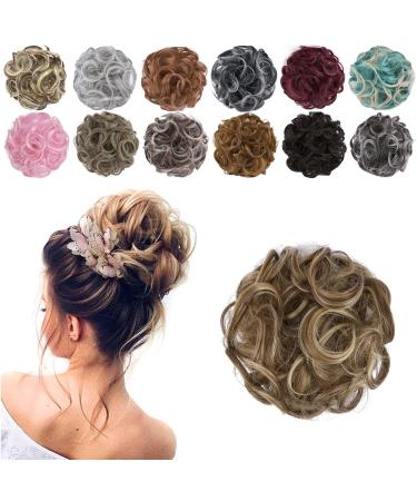 GIRLSHOW Elastic Wave Curly Hair Buns Chignons Hair Scrunchy Extensions Wrap Ponytail Updos Tousled Bun Hairpieces for Women Girls (Ash Blonde & Medium Golden Brown Mixed -60)