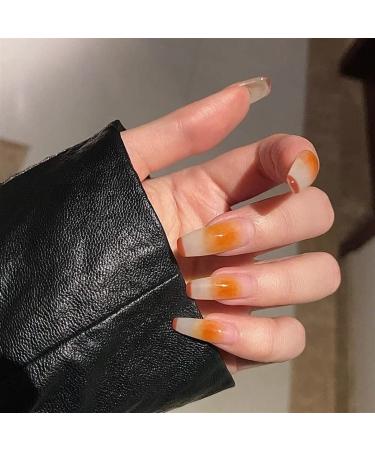 24PCS Spring Summer Sweet False Nails Long Simple Orange French False Nails Press On Nails Wearable Finished Nail Piece Extra Long Fake Nails