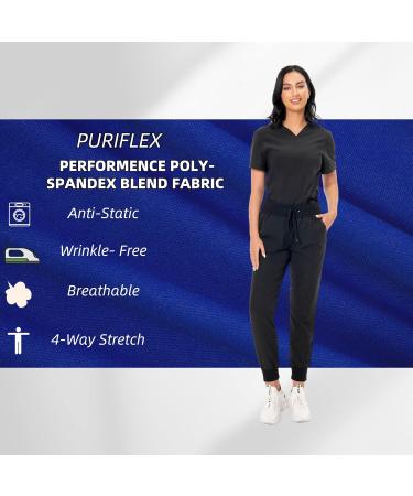 PuriPure Women's Classic V-Neck Scrub Set - Black, Size Medium | Nurse Scrub Set with 7 Pockets and Jogger Pants - Buy Online on GoSupps.com