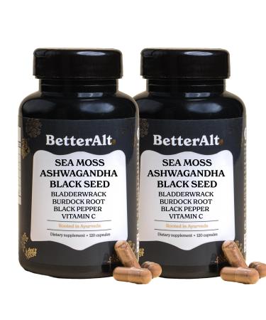 3000mg Iris Sea Moss 2000mg Black Seed Oil 1000mg Ashwagandha 1000mg Burdrock Root 1000 mg Bladderwrack with Black Pepper & Vitamin C |Vitality & Energy Support | All-in-one supplement| Pack of 2 Capsules - Pack of 2