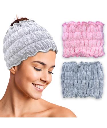 Merely Beauty Extra Wide Spa Headband (2 Pack) - Headbands for Washing Face Skincare Makeup Yoga and More - Accessories for Home Spa (Baby Pink Grey)