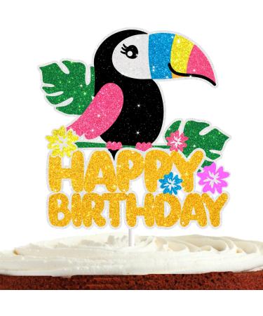 Toucan Bird Birthday Cake Topper for Boys Girls Men Women Sunmmer Hawaiian Luau Party Decorations Palm Leaf Jungle Cake Decor Glitter Tropical Cake Decorations