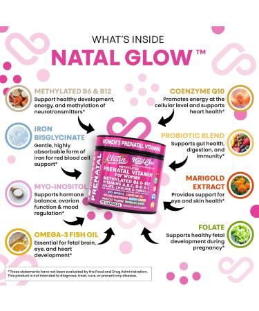 Natal Glow Methylated Prenatal Vitamins for Women Folate Omega 3 Vitamins A B12 C D3 E K2 Iron Riboflavin Biotin Choline Calcium Iodine Magnesium Zinc Selenium Copper Manganese by Clean Nutra - Buy Online on GoSupps.com