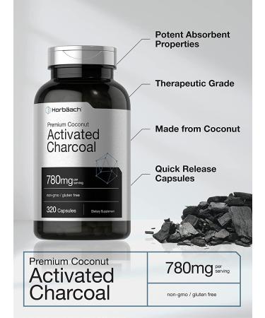 Activated Charcoal Pills 780mg | 320 Capsules | Coconut Shell Charcoal | Non-GMO, Gluten Free | Horbaach - Buy Online on GoSupps.com