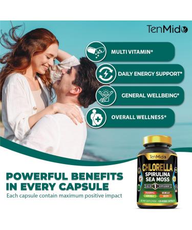 Tenmido Chlorella Supplement for Men and Women - 7in1 Formula with Spirulina Sea Moss Chlorophyll Gotu Kola Boswellia & Bacopa - Immune Support - Rich in Nutrient Vitamins - 120 Capsules - Buy Online on GoSupps.com