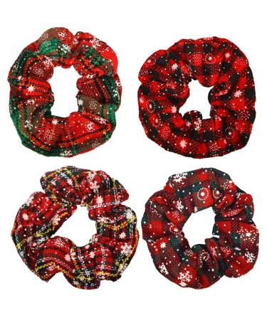 NAUZE 4 Pieces Christmas Snowflake Hair Scrunchies Plaid Elastic Hair Bands Christmas Hair Bobbles