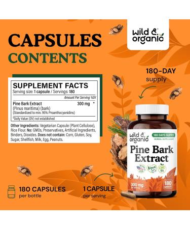 Wild & Organic Pine Bark Extract Capsules 300 mg - Antioxidant Supplement - 95% Proanthocyanidins - 180 Capsules - French Maritime Pine Bark Extract - 6-Month Supply - Pinus Maritima - Vegan Non-GMO 180 Count (Pack of 1) - Buy Online on GoSupps.com