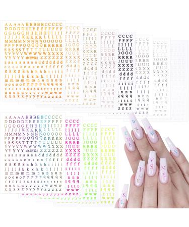 OIIKI 12 Sheets Letters Nail Stickers  3D Holographic Nail Letter Stickers  12 Fluorescence Color Self Adhesive Nail Decals for Women Girls Nail Art Decoration Supplies Accessories Style 1