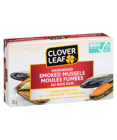 Clover Leaf Smoked Mussels in Sunflower Oil 85g 24 Count - Canned Mussels High in Protein 13g of Protein Per 65g Serving Drained Hardwood Smoked