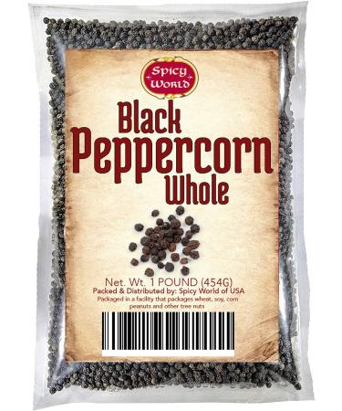 Spicy World Black Peppercorns Whole 1 Pound (16 Oz) - Steam Sterilized Non-GMO Tellicherry Peppercorns for Grinder Refill, Whole Black Peppercorns, Whole Black Pepper, Bulk Pepper Corns Spice Pimienta