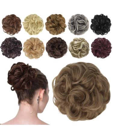 FESHFEN Messy Bun Hair Piece Hair Bun Scrunchies Synthetic Wavy Curly Chignon Ponytail Hair Extensions Thick Updo Hairpieces for Women Girls Kids 1PCS Light Brown mix Natural Blonde 38 g (Pack of 1) 12/24# Light Brown mix Natural Blonde
