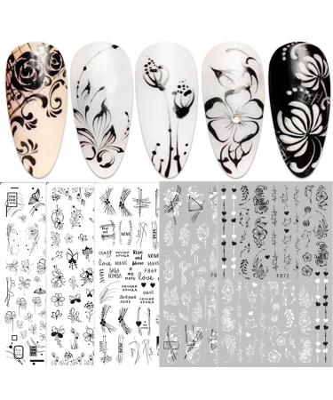 10 Sheets Spring Flower Nail Art Stickers Decals Self-Adhesive Pegatinas Uas Black White Blossom Nail Supplies Nail Art Design Decoration Accessories Flowers