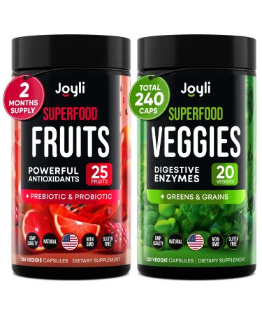 Fruits and Veggies Supplement - High Fiber Supplement for Immunity Gut & Energy - Super Reds & Super Greens Supplements with Marshmallow Root - 240 Reds and Super Greens Powder Superfood Capsules