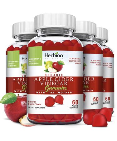 Herbion Naturals Organic Apple Cider Vinegar Gummies with The Mother Digestion and Detox Support Pectin Based Vegan Made in The USA - (Pack of 4 240 Gummies)