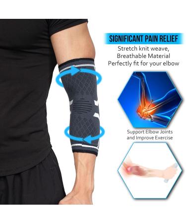 360 Relief Compression Elbow Brace Sleeve for Men and Women - Pain Relief for Tendonitis, Tennis, Golf, Workout, Weightlifting - Large Grey with Mesh Bag - Buy Online on GoSupps.com