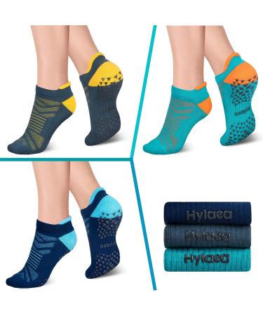 3 Pairs Unisex Non Slip Grip Socks for Yoga, Hospital, Pilates, Barre | Ankle Cushioned - Dark Blue Green - Small-Medium - Buy Online on GoSupps.com