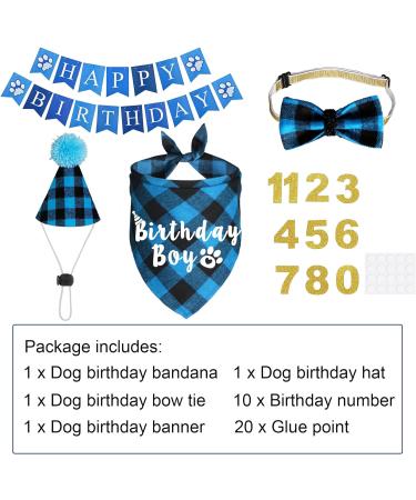 JOTFA Dog Birthday Party Supplies Plaid Dog Birthday Boy Bandanas with Dog Birthday Party Hat Bow Tie Birthday Number for Small Medium Large Dogs Pets (Light Blue) Bandana & Hat & Bow Tie & Number & Banner Light Blue - Buy Online on GoSupps.com