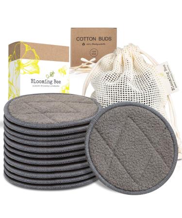 BLOOMING BEE 12 Charcoal Bamboo Reusable Makeup Remover Pads with Laundry Bag (+ 100% Biodegradable Cotton Bamboo Earbuds 100 pcs)|Planet Friendly Reusable Face Rounds Made from Bamboo and Cotton