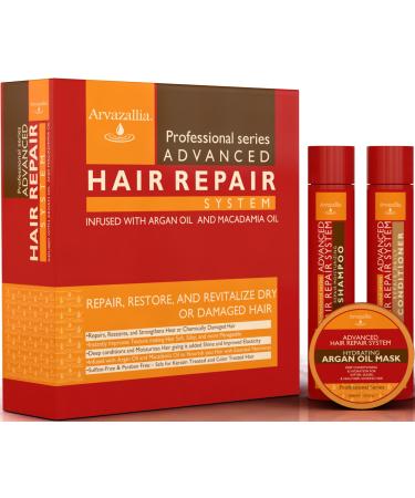 Advanced Hair Repair Shampoo and Conditioner Set with Argan Oil and Macadamia Oil by Arvazallia - Sulfate Free Shampoo Conditioner and Deep Conditioner Hair Mask System for Dry or Damaged Hair 3 Piece Set