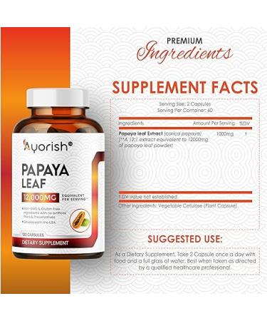 Ayorish Papaya Leaf 12:1 Extract 12000mg Per Serving (120 Capsules) 60 Days Supply| Non GMO Gluten Free Capsule (Pack of 1) - Buy Online on GoSupps.com