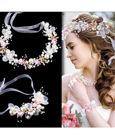 2 Pieces Wedding Flower Headpieces for Girls  Wrist Corsage Flower Girl Hair Accessories for Wedding Rhinestones Flower Headband and Wrist Flower Fairy Pearl Flower Crown for Girls Bridal Crystal Wrist Flower Tiara for W...