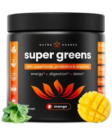 NutraChamps Super Greens Powder Premium Superfood | 20+ Organic Green Veggie Whole Foods | Wheat Grass Spirulina Chlorella | Antioxidant Digestive Enzyme & Probiotic Blends (9.0 OZ Mango) Mango 9 Ounce (Pack of 1)