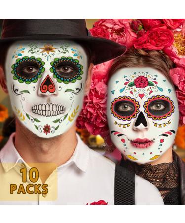 10 Sheets Day of the Dead Face Tattoos - Sugar Skull Floral Black Skeleton Web Red Roses Halloween Dia De Los Muertos Temporary Full Face Tattoo Stickers for Women Men Adult Kids Party Favor Supplies