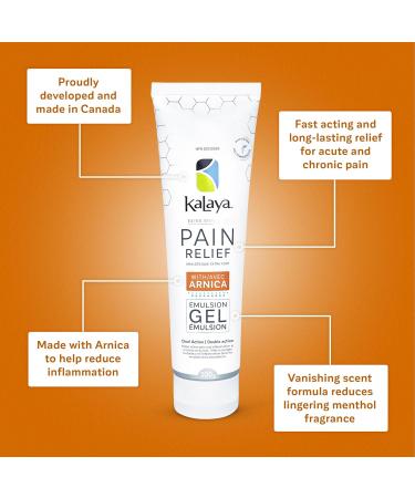 Kalaya Extra Strength Pain Relief Emulsion Gel with Arnica 100 g Fast Acting Long Lasting Reduces Inflammation Vanishing Scent Made in Canada medically formulated for Arthritis Joints Muscle Back Neck Shoulder Hand and Knee Pain - Buy Online on GoSupps.com