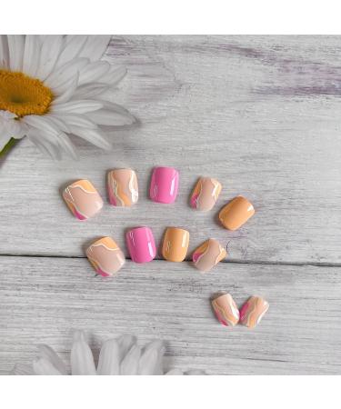 KXAMELIE Glossy Pink Swirl Design Short Square Coffin Press On Nails - 24 Pieces - Buy Online on GoSupps.com