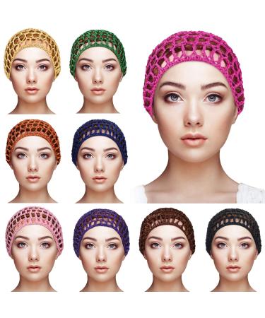 9 Pieces Mesh Crochet Hair Net Rayon Knit Snood Hat Thick Short Women Hairnet Snoods Cover Ornament for Sleeping (Black  Green  Khaki  Rose Red  Light Brown  Pink  Purple  Orange  Navy Blue)