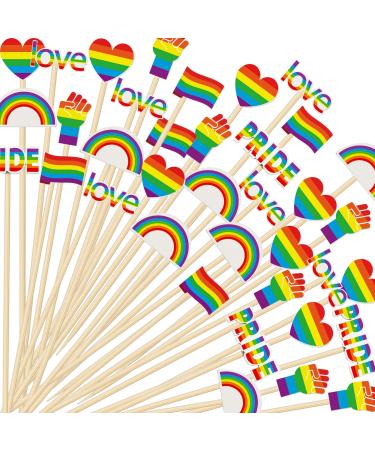 Karenhi 100 Pcs Rainbow Gay Pride Toothpick Bamboo 5.9 Inch LGBT Cupcake Topper Lesbian Pride Cupcake Toppers Flag Heart Love Decoration Treat Picks for Party Wedding