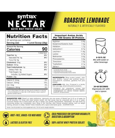 Syntrax Nutrition Nectar 100% Whey Protein Isolate Refreshing Fruit Flavored Protein Powder - Roadside Lemonade - 31.9 Oz - Buy Online on GoSupps.com