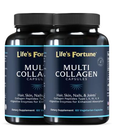 Multi Collagen Peptides Types I II III V & X Hydrolyzed Protein Capsules Grass-Fed Blend with Digestive Enzyme for Skin Hair Nails Joints & Gut Health Unflavored (60 Count (Pack of 2))