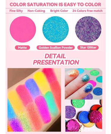 Kalolary Neon Eyeshadow Palette - 24 Highly Pigmented Matte & Sparkling Colors Glows in the Dark UV Blacklight with 4 Pink Brushes - International Shipping Available - Buy Online on GoSupps.com