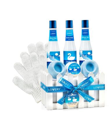 Birthday Gift Bath Set in Ocean Bliss Home Spa Gift Basket for Women Men Teens Shower Gel Bubble Bath Lotion Body Butter Bath Bombs Face Mask & Shower Gloves -Vit E & Shea Butter