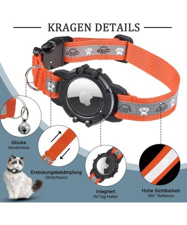 Reflective Airtag Cat Neck Band - Jiarui GPS Collar for Cats & Puppies 9-13 inch - Adjustable with Bell - Orange - Buy Online on GoSupps.com