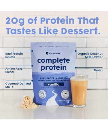 NativePath Complete Beef Protein Powder Isolate Grass-Fed Pasture-Raised Dairy & Lactose Free Gluten Free Zero Sugar MCTs & Amino Acids 20g Protein Vanilla Flavor 30 Servings - Buy Online on GoSupps.com