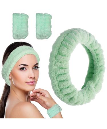 Luluo Spa Headband Women Microfiber Facial Makeup Hairband with Wristbands Elastic Fluffy Face Washing Headband Skin Care Green Spa Headbands