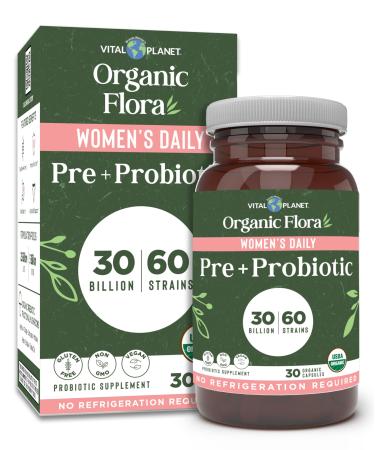 Vital Planet - Organic Flora Probiotics for Women Women's Daily Shelf Stable Probiotic 30 Billion CFU 60 Diverse Strains Prebiotic Organic Mushroom Blend Immune and Digestive Health 30 Capsules