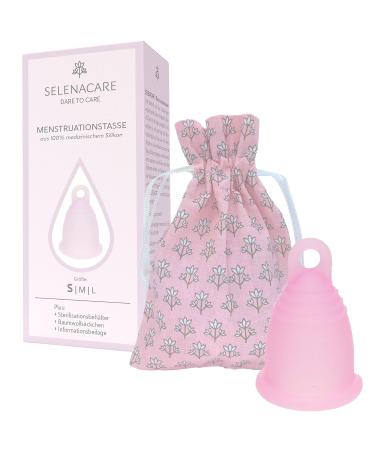 Selenacare menstrual cup Premium - washable period cup made of medical silicone - with cleaning container and storage bag made of cotton pink size S (21ml) pink 1 piece (1 Pack)