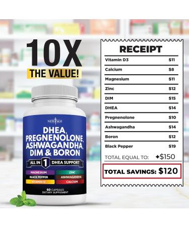 NEW AGE DHEA Supplement - Pregnenolone for Men & Women with DIM Ashwagandha Boron Calcium Magnesium Zinc Vitamin D3 5000iu - Support Capsules - 120 Count 60 Count (Pack of 2) - Buy Online on GoSupps.com