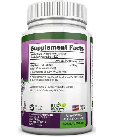 NutriONN Holy Basil Leaf Capsules 500mg - 120 Vegan Capsules - Tulsi Extract Supplement with Ursolic Acid - Adaptogenic Ayurvedic Herb for Positive Mindset - Buy Online on GoSupps.com